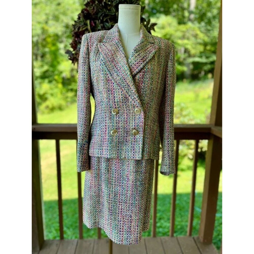 Vintage 90s Herbert Grossman Cynthia Sobel Multicolor Bouclé Tweed Skirt Suit 4